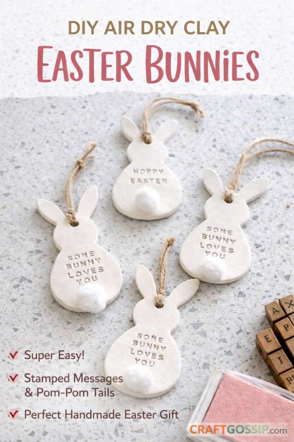 Stamped Clay Bunny Ornaments with Pom-Pom Tails